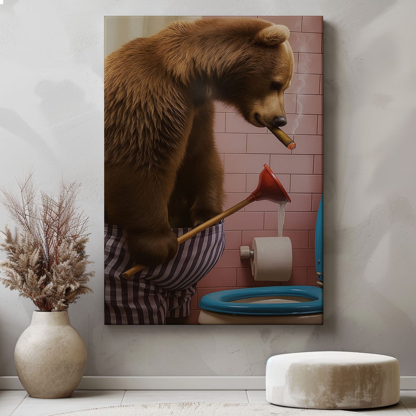 Cigar Bear Plunger Canvas Hilarious Bathroom Wall Art