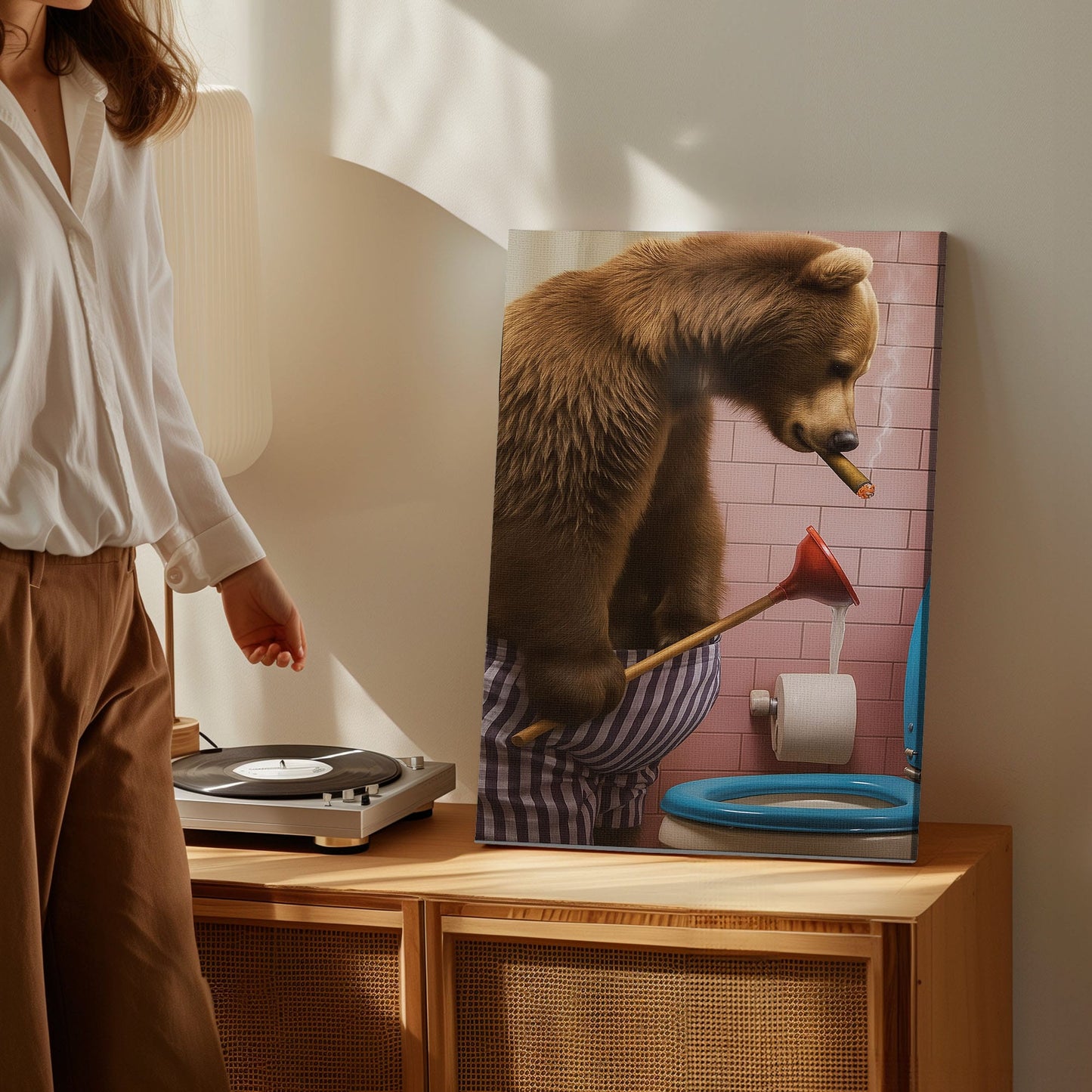 Cigar Bear Plunger Canvas Hilarious Bathroom Wall Art