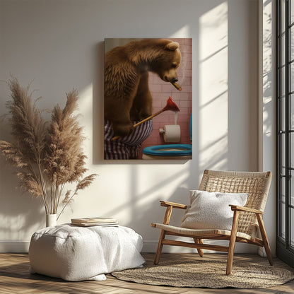 Cigar Bear Plunger Canvas Hilarious Bathroom Wall Art