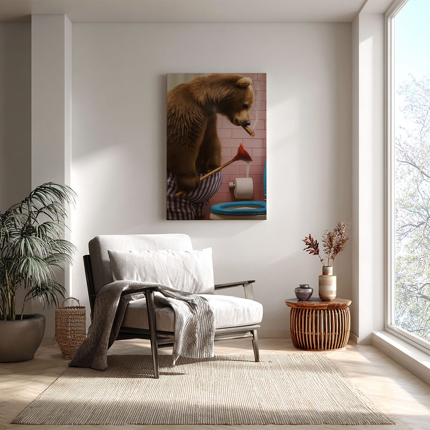 Cigar Bear Plunger Canvas Hilarious Bathroom Wall Art