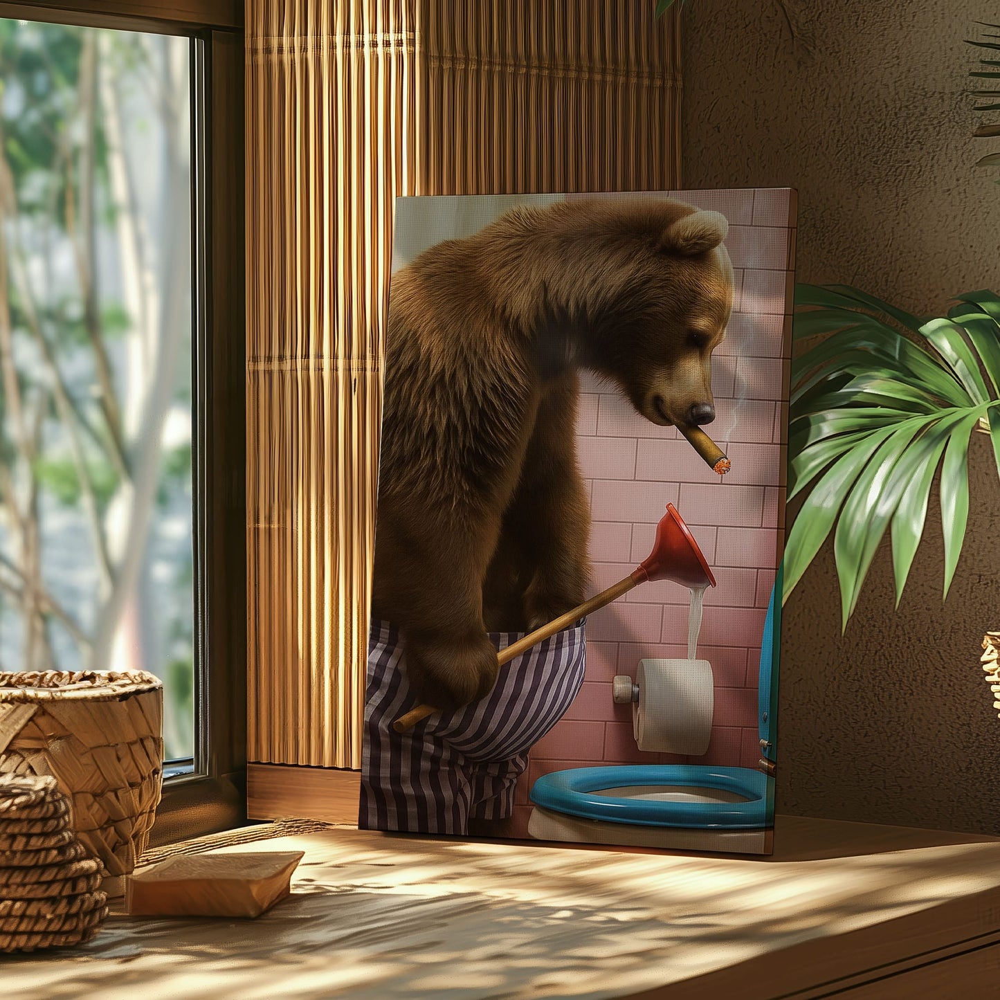 Cigar Bear Plunger Canvas Hilarious Bathroom Wall Art