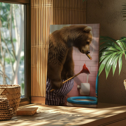 Cigar Bear Plunger Canvas Hilarious Bathroom Wall Art