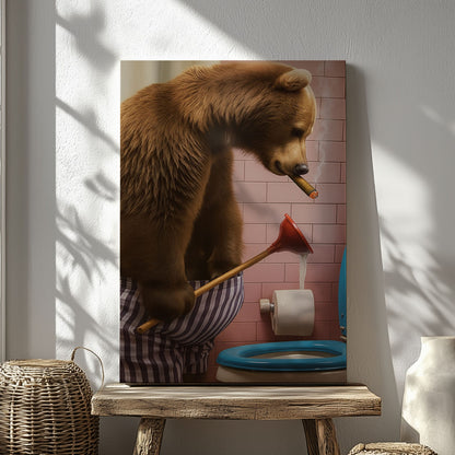 Cigar Bear Plunger Canvas Hilarious Bathroom Wall Art