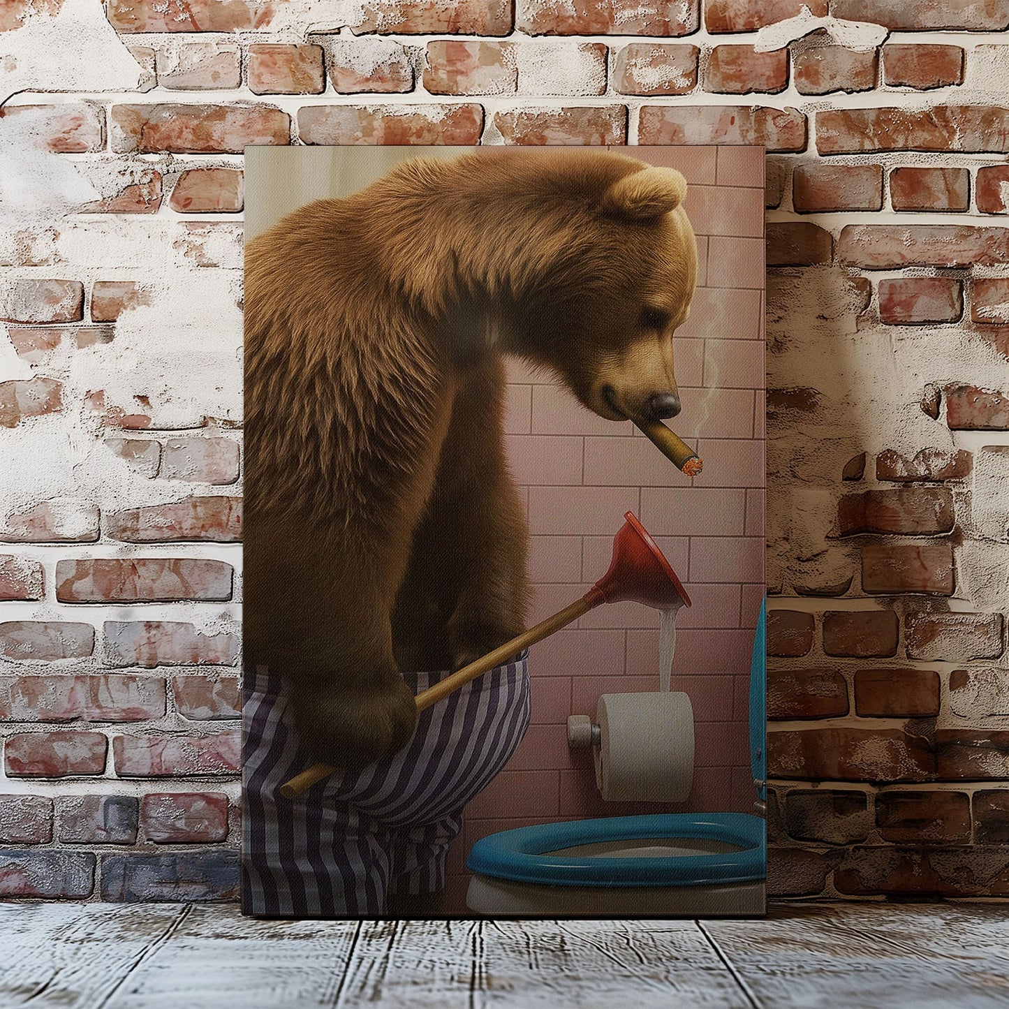 Cigar Bear Plunger Canvas Hilarious Bathroom Wall Art