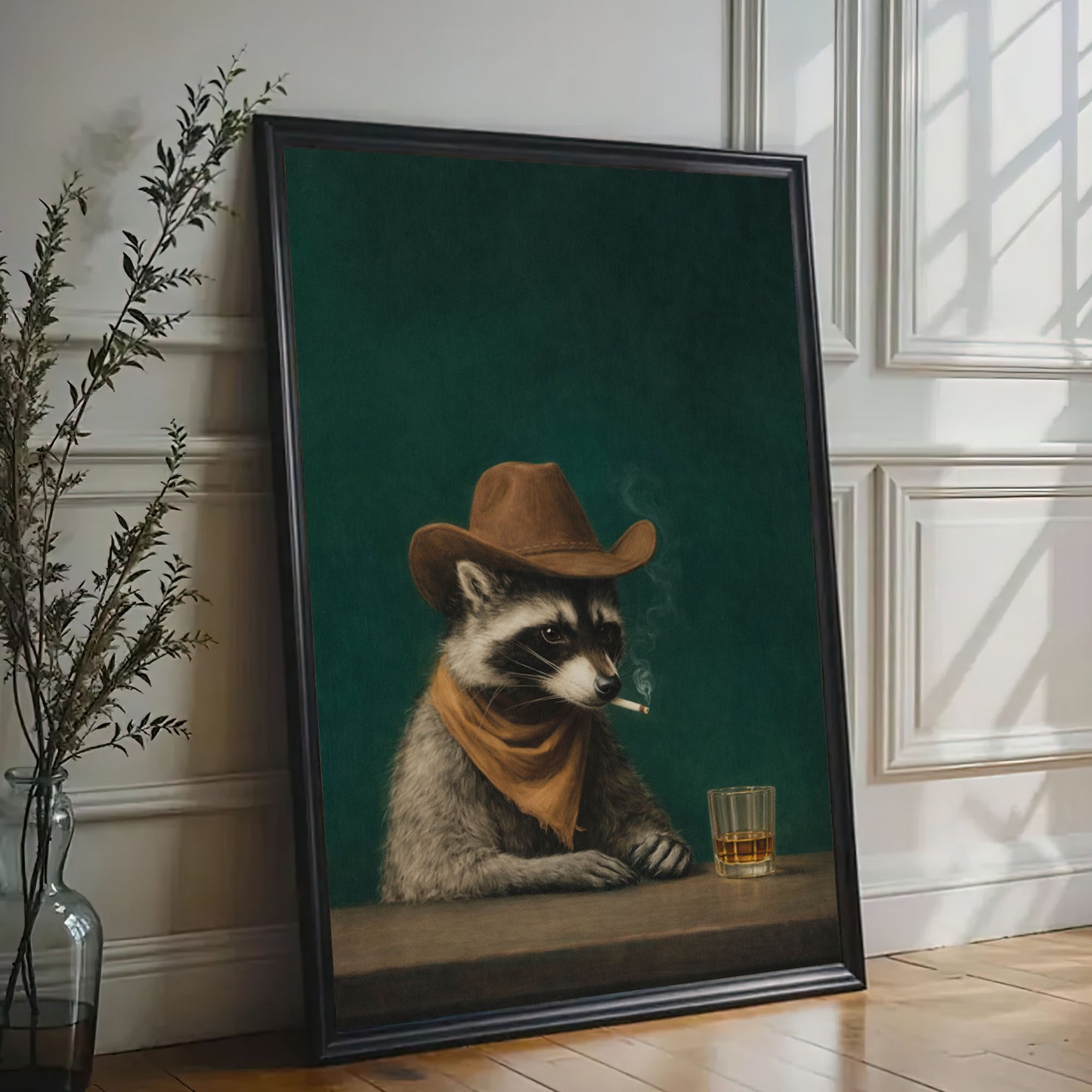 Cowboy Raccoon Drinking Whiskey Canvas Wall Art