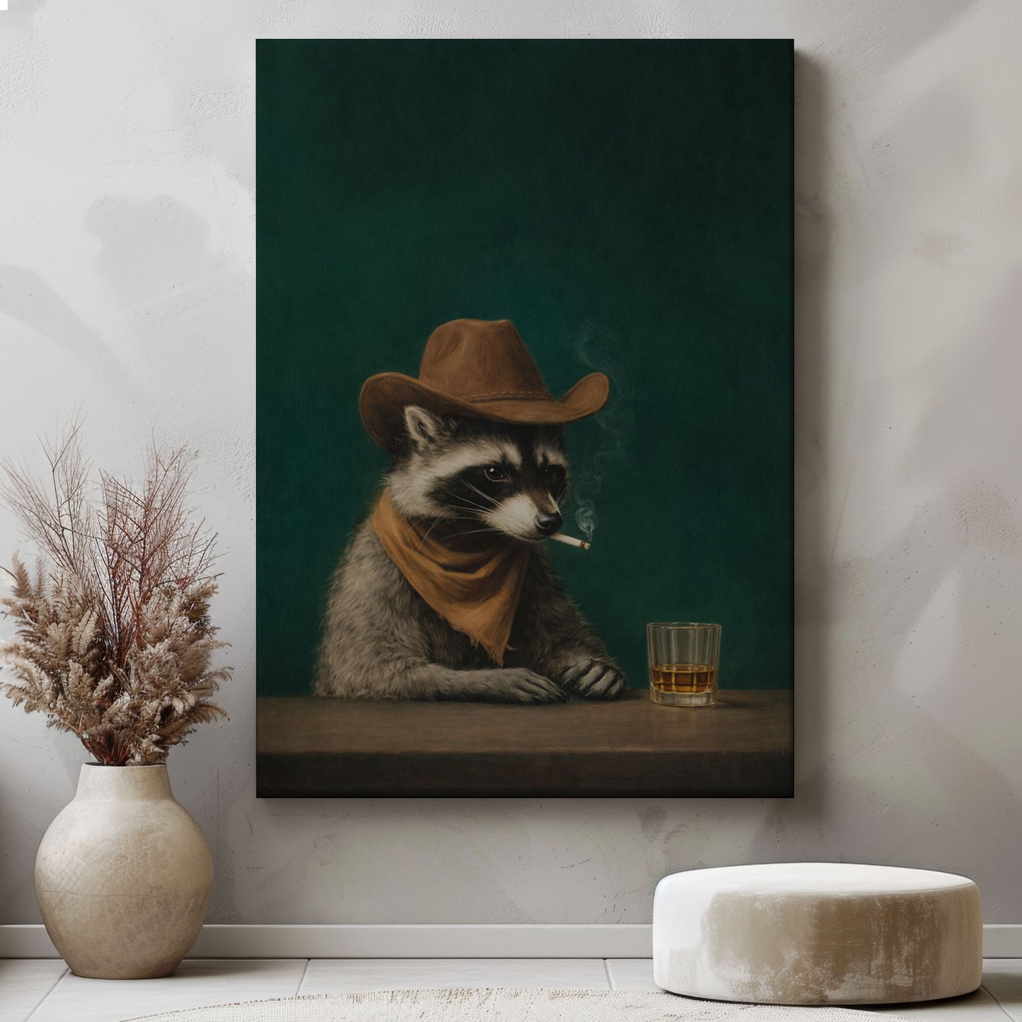Cowboy Raccoon Drinking Whiskey Canvas Wall Art