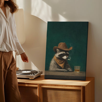 Cowboy Raccoon Drinking Whiskey Canvas Wall Art
