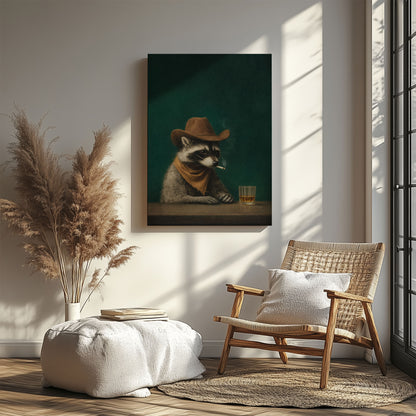 Cowboy Raccoon Drinking Whiskey Canvas Wall Art