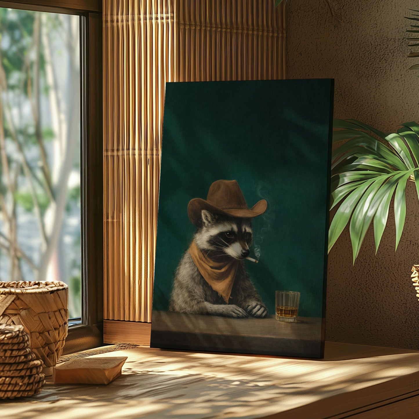 Cowboy Raccoon Drinking Whiskey Canvas Wall Art