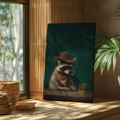 Cowboy Raccoon Drinking Whiskey Canvas Wall Art