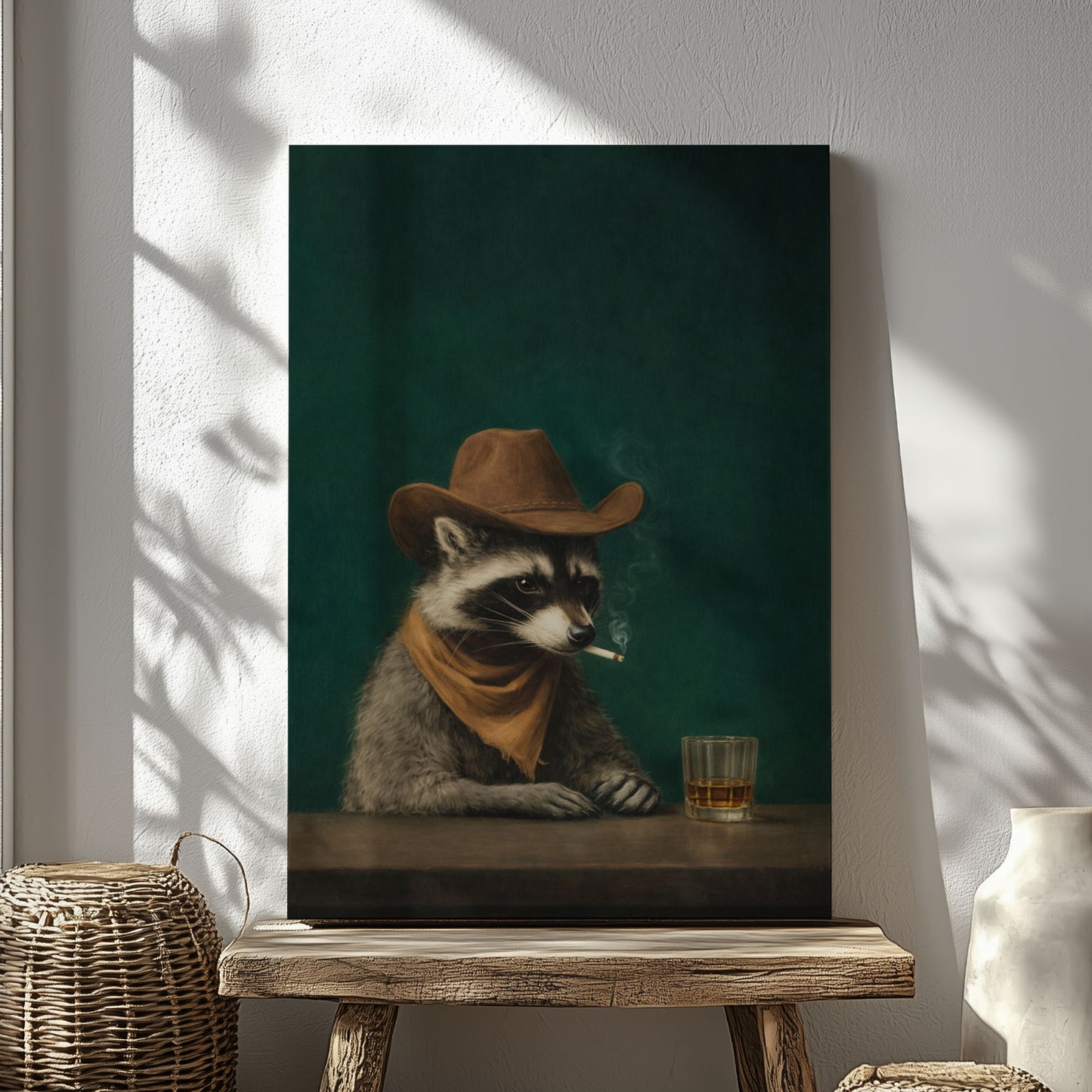 Cowboy Raccoon Drinking Whiskey Canvas Wall Art