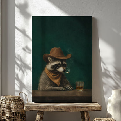 Cowboy Raccoon Drinking Whiskey Canvas Wall Art