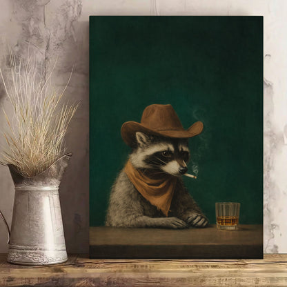 Cowboy Raccoon Drinking Whiskey Canvas Wall Art