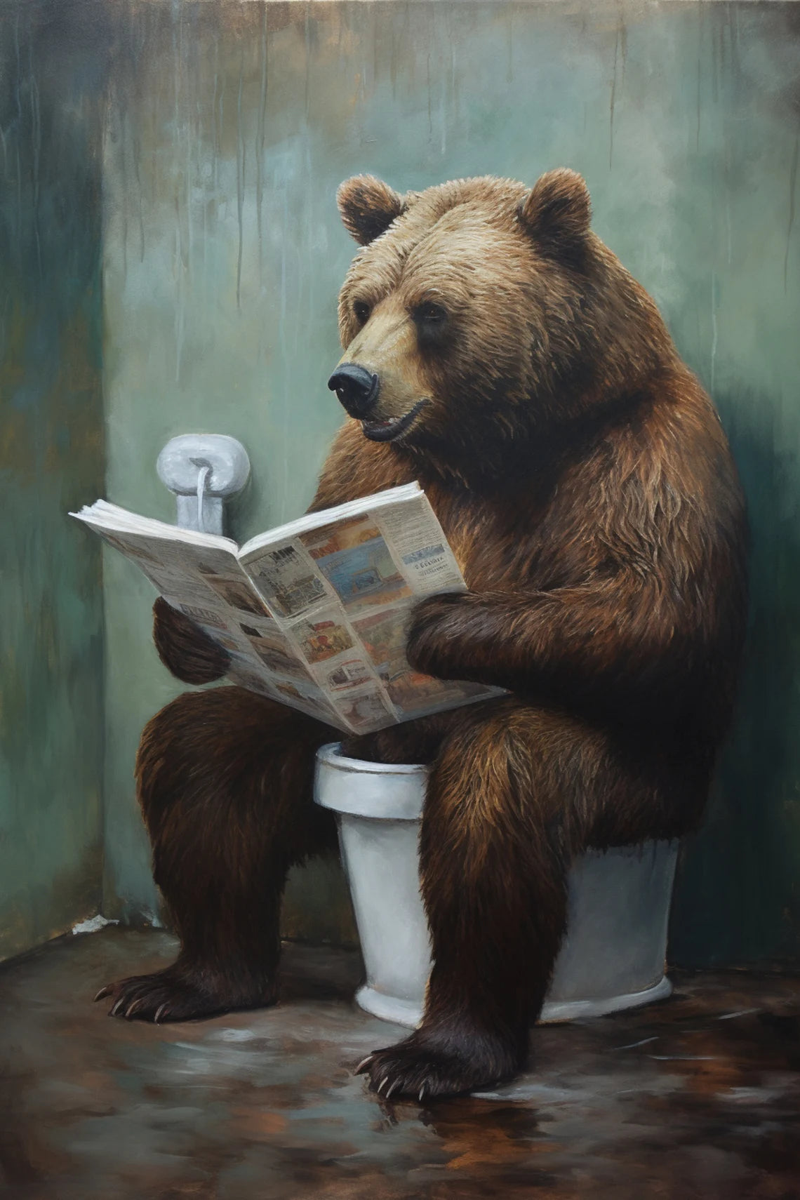 Grizzly Bear Sitting On The Toilet Framed Canvas