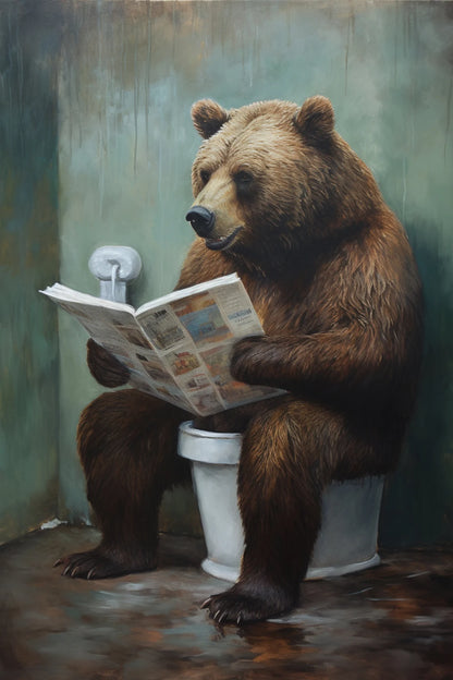 Grizzly Bear Sitting On The Toilet Framed Canvas