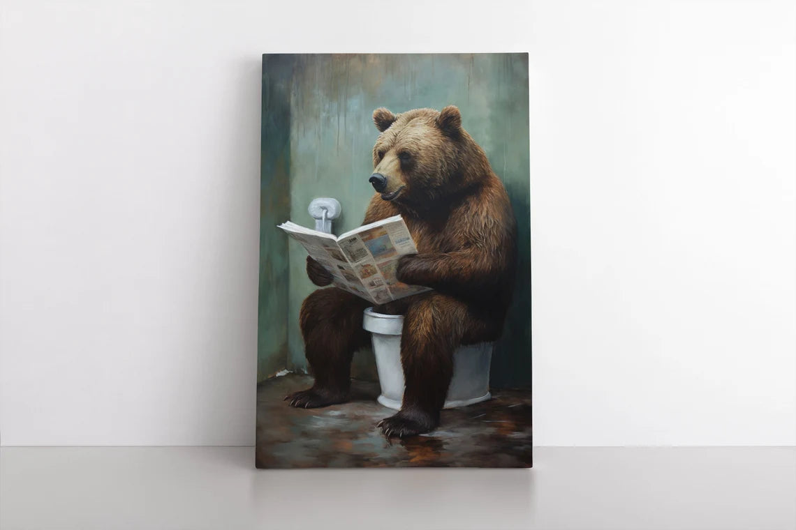 Grizzly Bear Sitting On The Toilet Framed Canvas