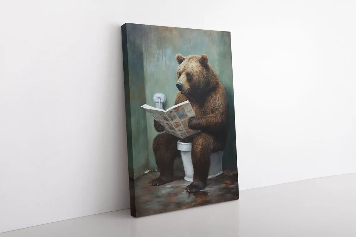 Grizzly Bear Sitting On The Toilet Framed Canvas