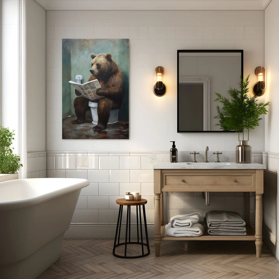 Grizzly Bear Sitting On The Toilet Framed Canvas