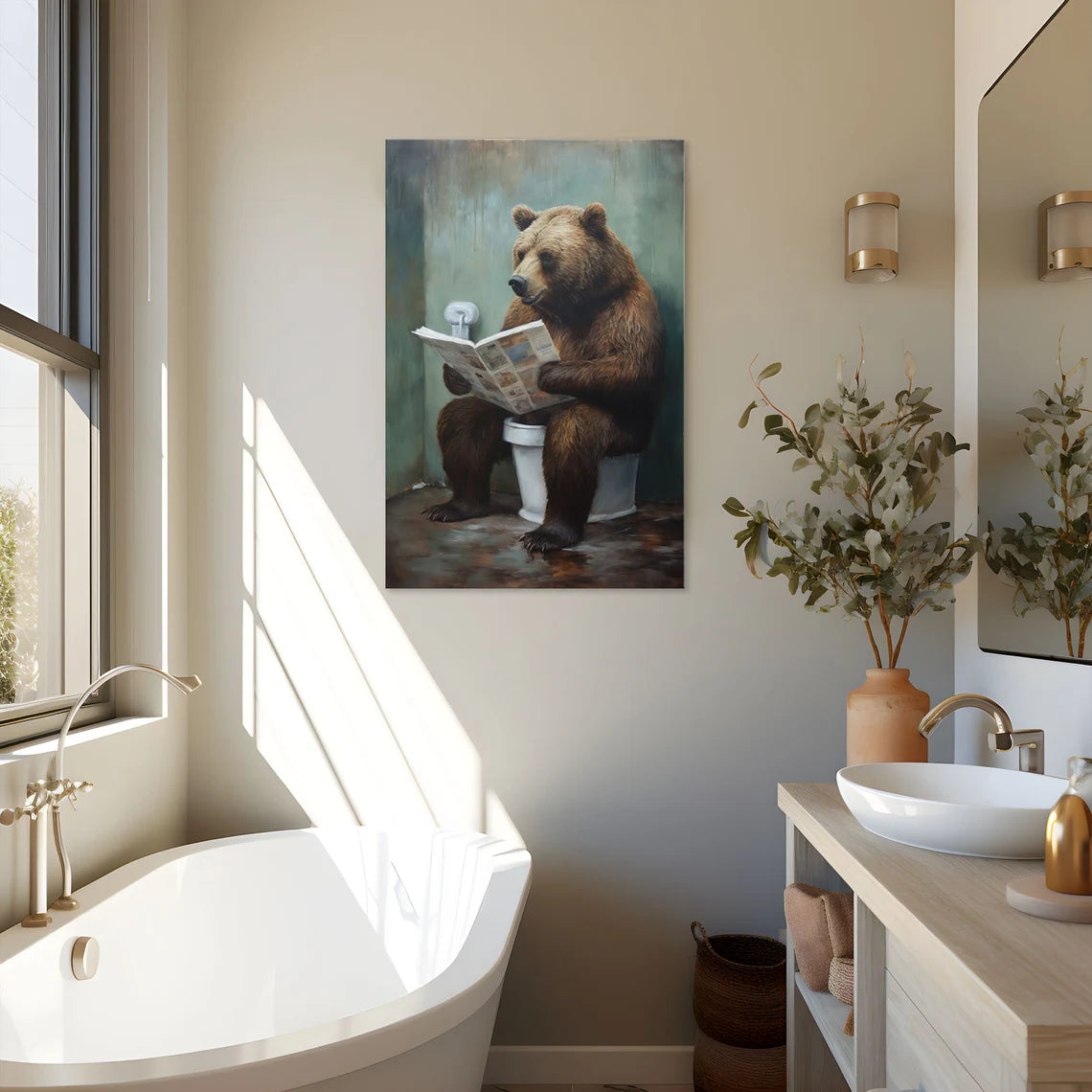 Grizzly Bear Sitting On The Toilet Framed Canvas