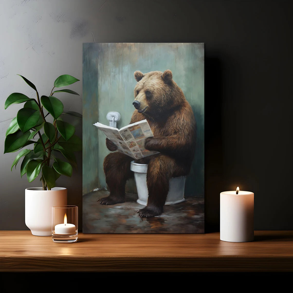 Grizzly Bear Sitting On The Toilet Framed Canvas
