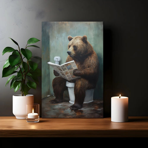 Grizzly Bear Sitting On The Toilet Framed Canvas