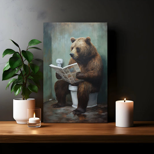 Grizzly Bear Sitting On The Toilet Framed Canvas