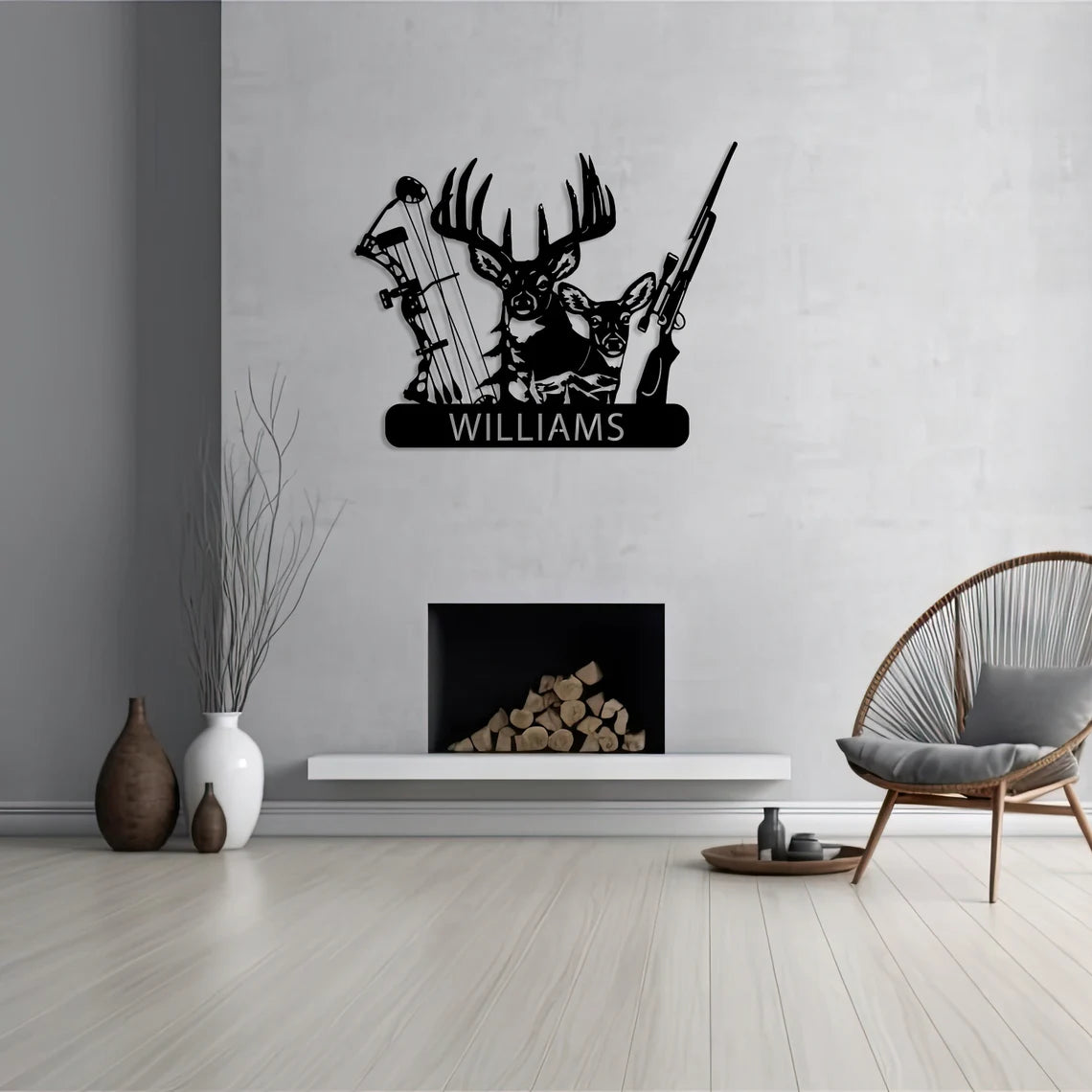 Personalized Deer Hunter Metal Wall Art, Custom Name Bow and Hunting Rifle Sign