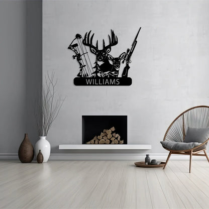Personalized Deer Hunter Metal Wall Art, Custom Name Bow and Hunting Rifle Sign