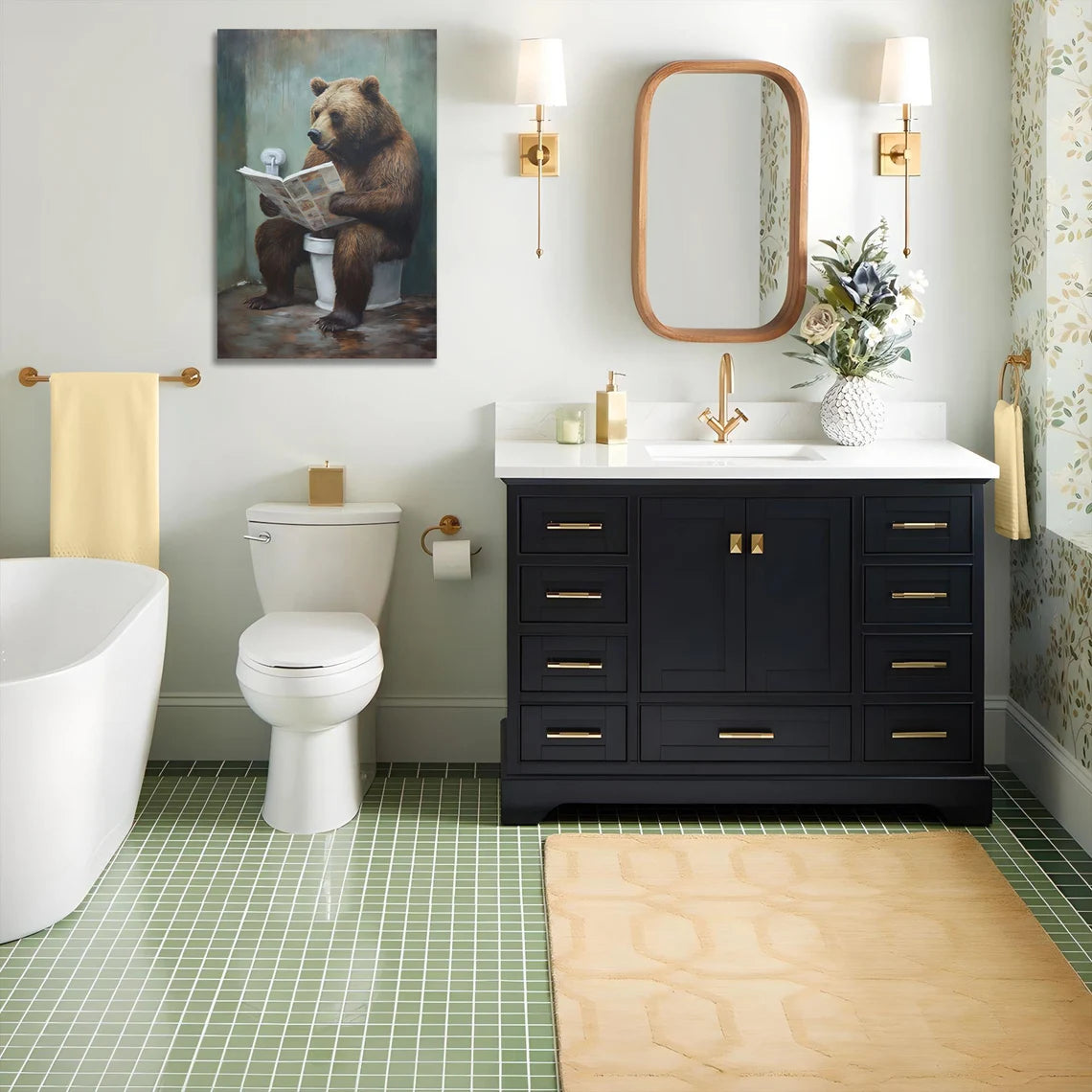 Grizzly Bear Sitting On The Toilet Framed Canvas