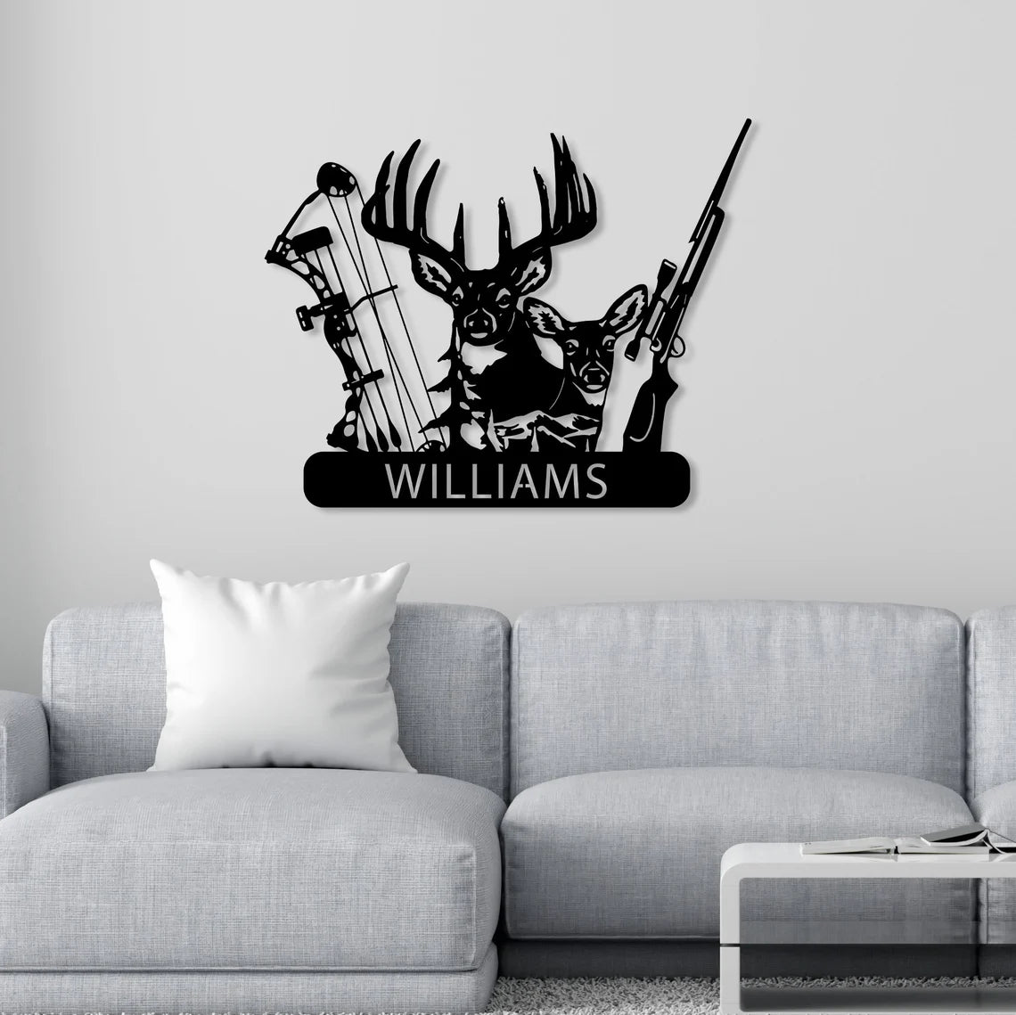 Personalized Deer Hunter Metal Wall Art, Custom Name Bow and Hunting Rifle Sign
