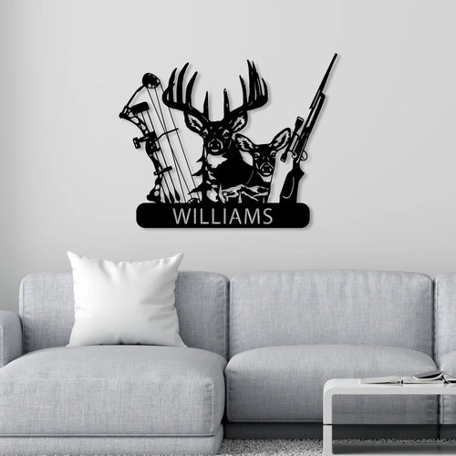 Personalized Deer Hunter Metal Wall Art, Custom Name Bow and Hunting Rifle Sign