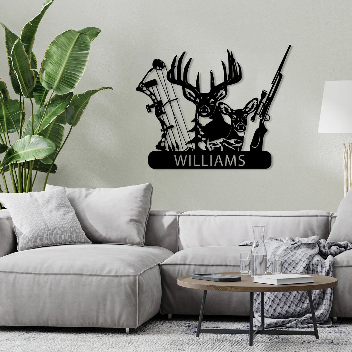 Personalized Deer Hunter Metal Wall Art, Custom Name Bow and Hunting Rifle Sign