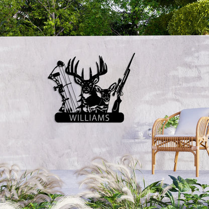 Personalized Deer Hunter Metal Wall Art, Custom Name Bow and Hunting Rifle Sign