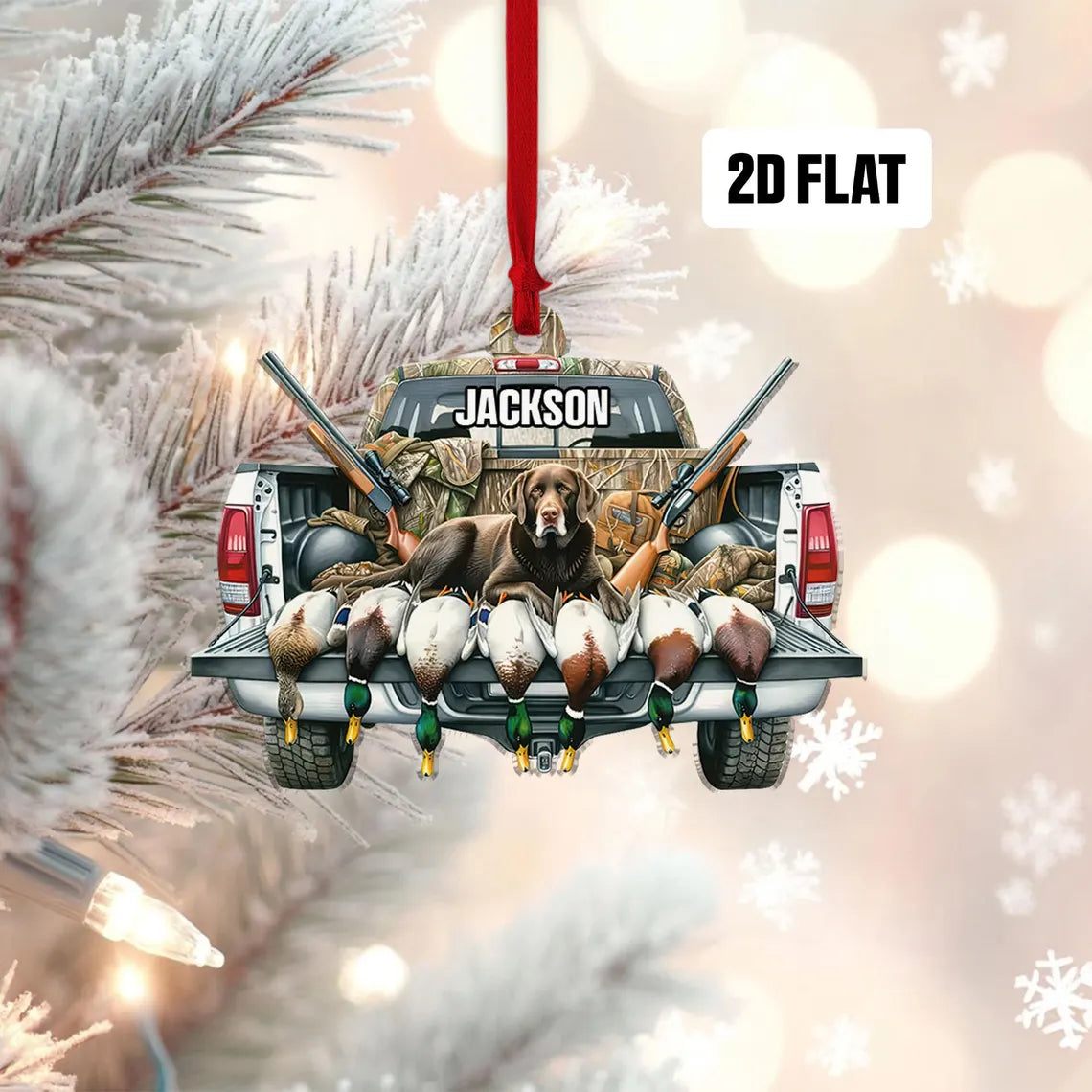 Personalized Dog Car Hunting Flat Ornament, Custom Name Christmas Tree Ornament