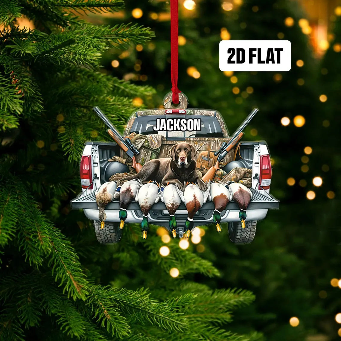 Personalized Dog Car Hunting Flat Ornament, Custom Name Christmas Tree Ornament