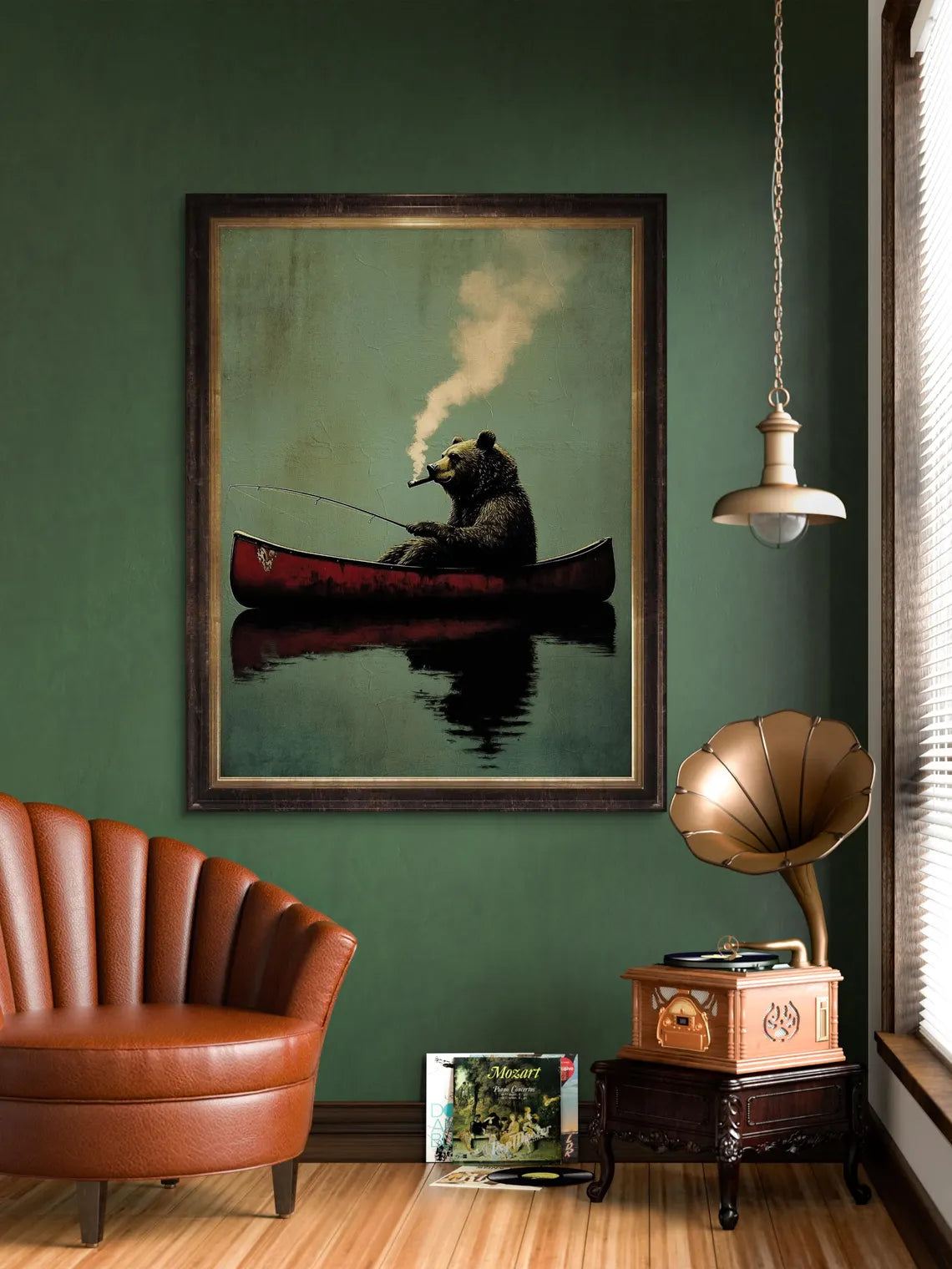 Bear Smoking Fishing Framed Canvas