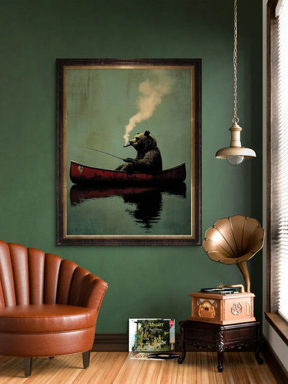 Bear Smoking Fishing Framed Canvas