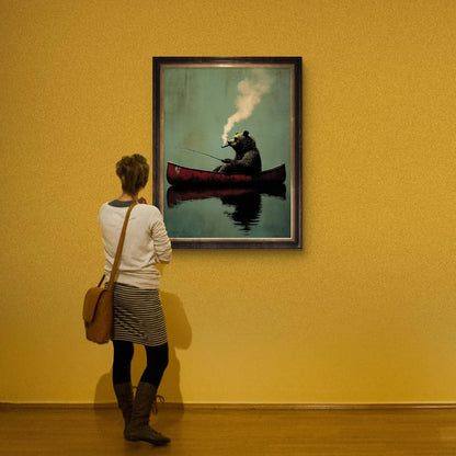 Bear Smoking Fishing Framed Canvas