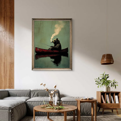 Bear Smoking Fishing Framed Canvas
