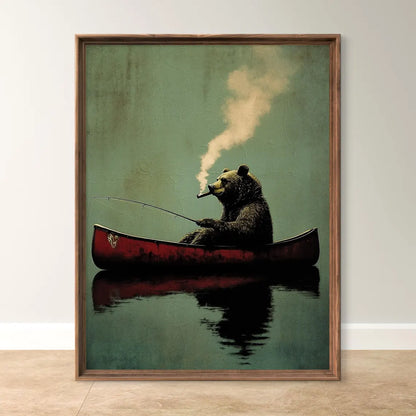 Bear Smoking Fishing Framed Canvas