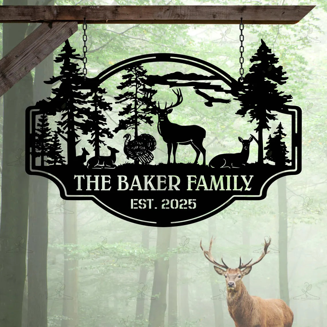Personalized Deer and Trees Metal Cabin Sign,Hunting Lodge Outdoor Decor