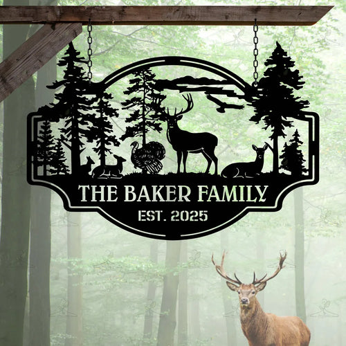 Personalized Deer and Trees Metal Cabin Sign,Hunting Lodge Outdoor Decor