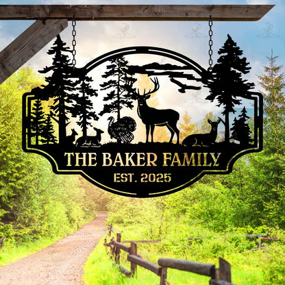 Personalized Deer and Trees Metal Cabin Sign,Hunting Lodge Outdoor Decor
