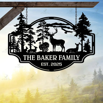 Personalized Deer and Trees Metal Cabin Sign,Hunting Lodge Outdoor Decor