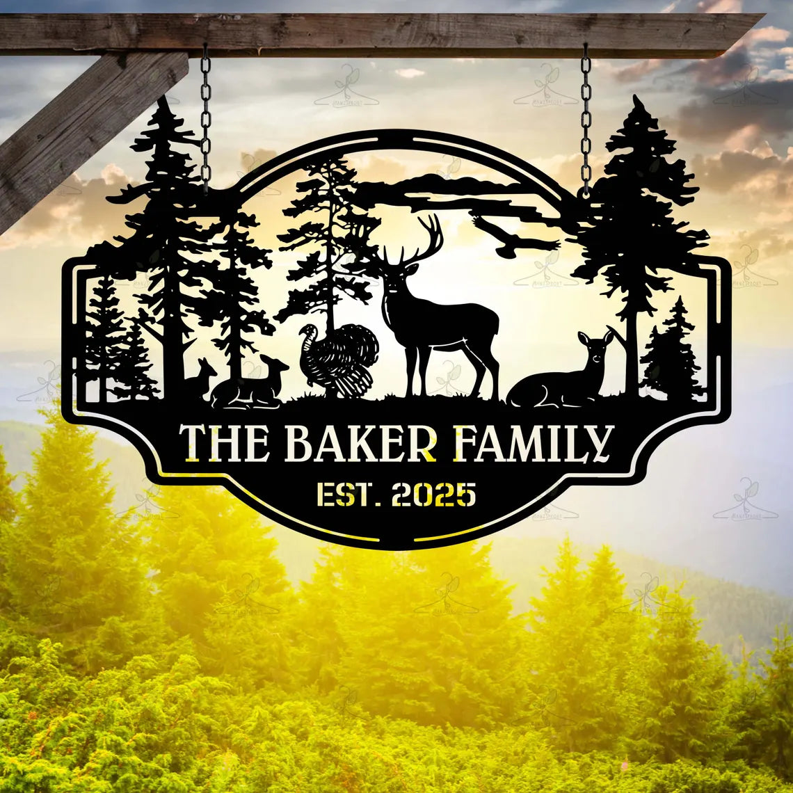 Personalized Deer and Trees Metal Cabin Sign,Hunting Lodge Outdoor Decor
