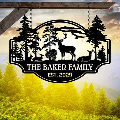 Personalized Deer and Trees Metal Cabin Sign,Hunting Lodge Outdoor Decor