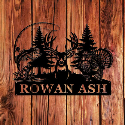 Personalized Bowhunting with Name, Deer Turkey & Bass Fishing Metal Art Decor, Gift for Hunter