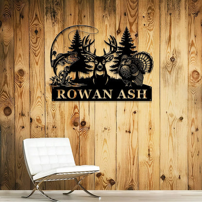 Personalized Bowhunting with Name, Deer Turkey & Bass Fishing Metal Art Decor, Gift for Hunter