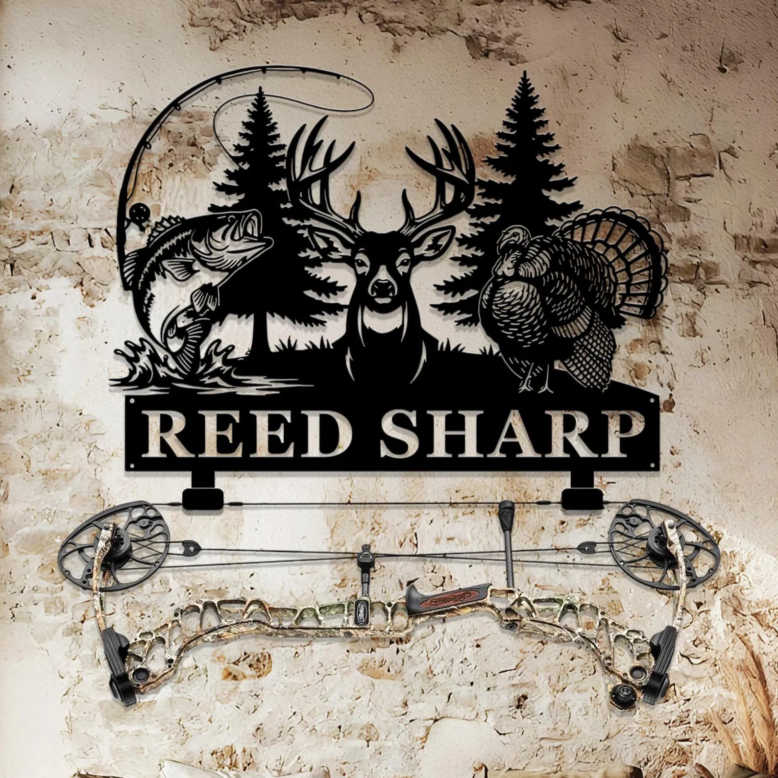 Personalized Bowhunting with Name, Deer Turkey & Bass Fishing Metal Art Decor, Gift for Hunter