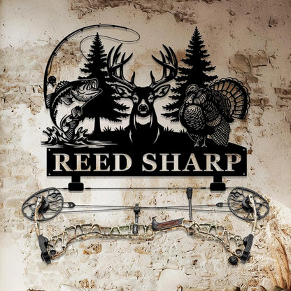 Personalized Bowhunting with Name, Deer Turkey & Bass Fishing Metal Art Decor, Gift for Hunter